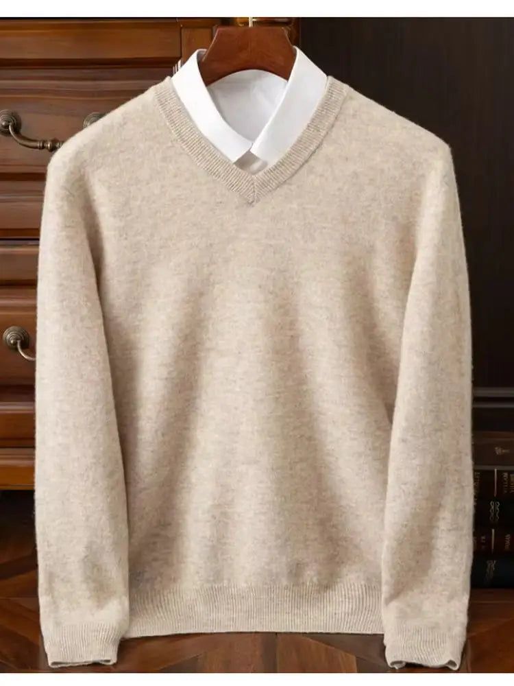 Jersey de invierno de punto de lana con cuello en V para hombre