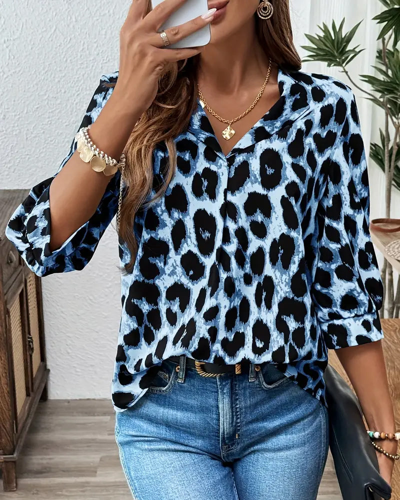 Blusa de manga media con estampado de leopardo y corte holgado