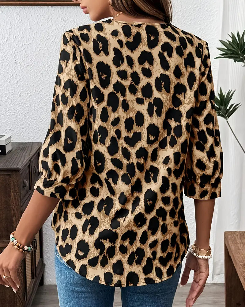 Blusa de manga media con estampado de leopardo y corte holgado