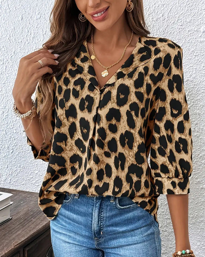 Blusa de manga media con estampado de leopardo y corte holgado