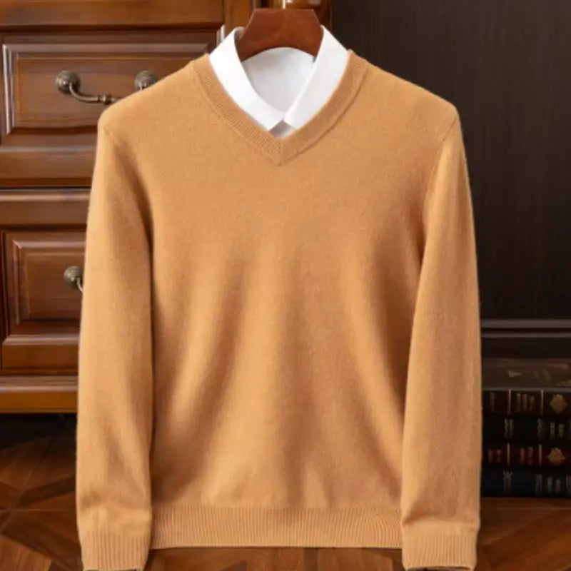 Jersey de invierno de punto de lana con cuello en V para hombre